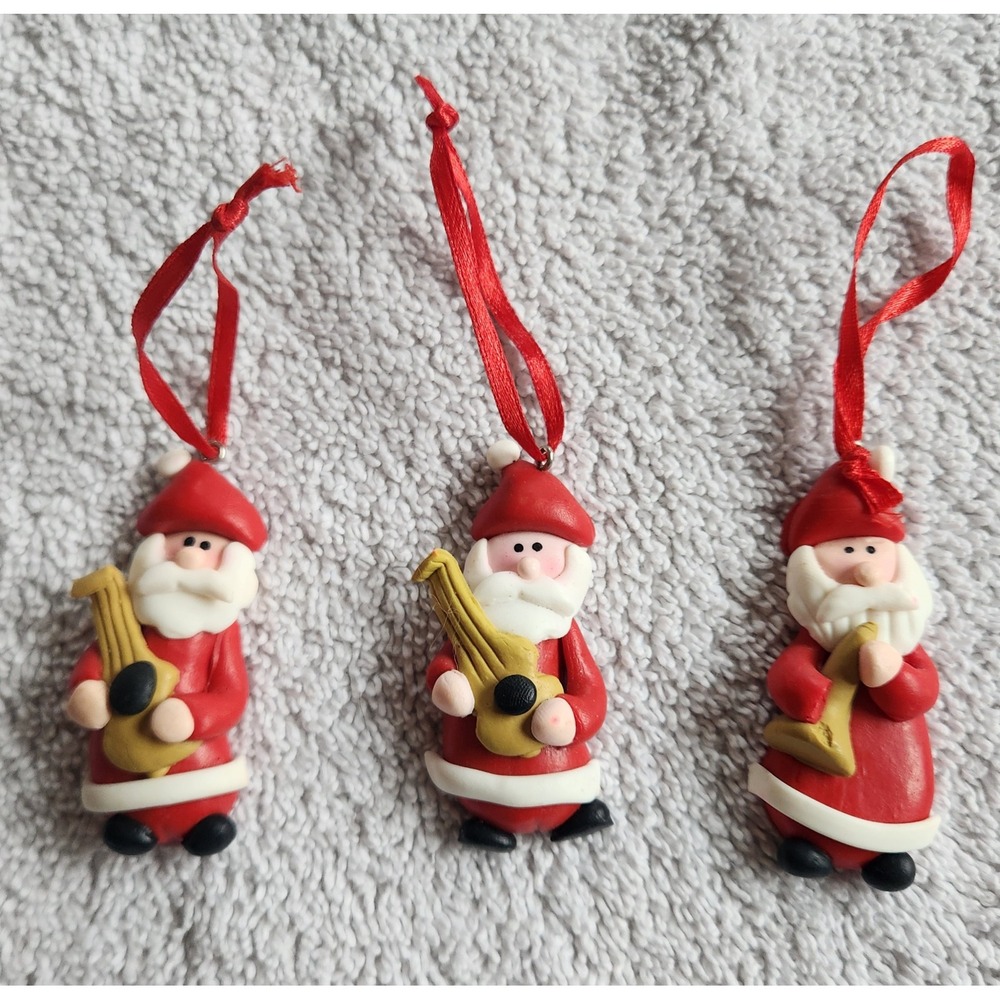 Vintage 1990's Musical Santa Claus Clay Christmas Ornaments Set of 3‎ Red White